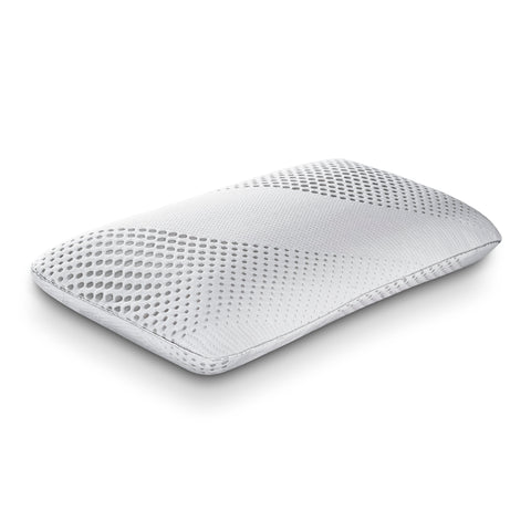 A PureCare Recovery Latex Pillow on a white surface provides cooling relief.