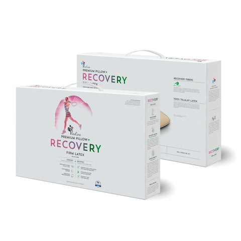 Two boxes with the word recovery on them, one containing a PureCare Recovery Latex Pillow for cooling relief.