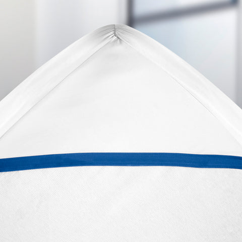 A white PureCare ReversaTemp 5-Sided Mattress Protector with a blue stripe.