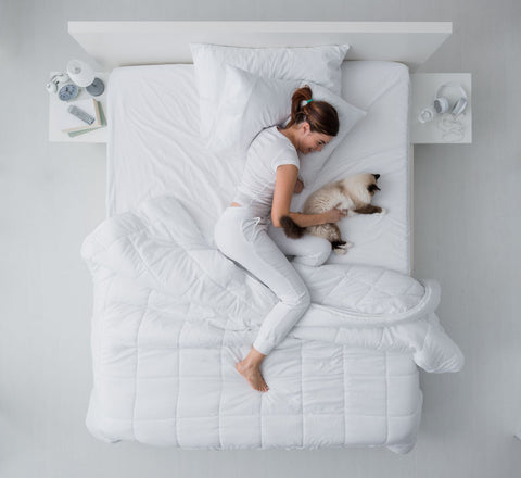 A woman laying on a white bed with a cat and Down Etc. Fall Weight Down Comforter.