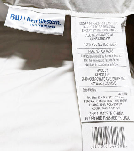 Best Western Everest soft polyester pillow tags