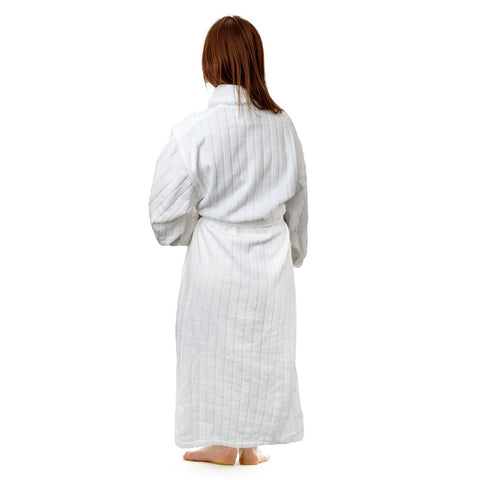 A woman in a white Pillowtex Hotel Robe.