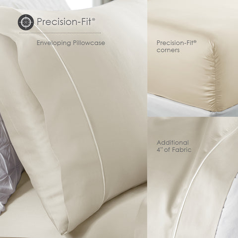 Luxurious PureCare microfiber sheet set in a precision fit, machine washable for easy care.