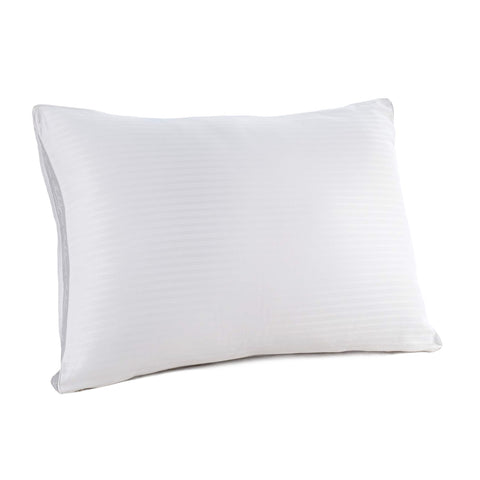 A simple white rectangular Carpenter Indulgence® Synthetic Down Pillow | Side Sleeper with a subtle striped texture and a soft, visible seam around the edges, isolated on a white background to emphasize its clean and soft appearance.