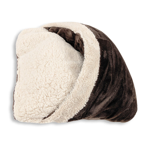 A Pillowtex reversible brown and white furry pillow on a white background.