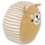 A brown and white striped bean bag with a Squishy Dog Face pillow featuring Wobbles The Dog.