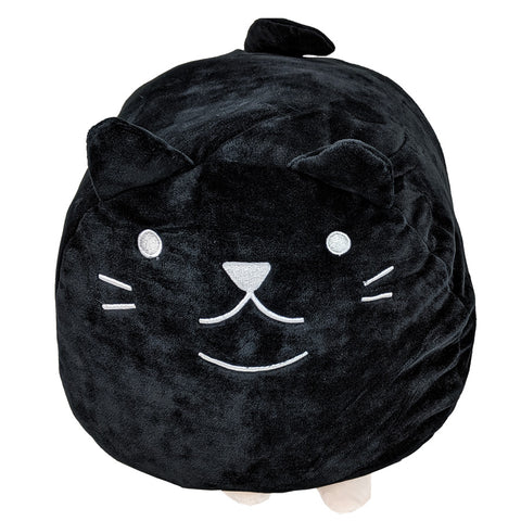 A black Squishy Polyester Cat Snuggle Pillow in the shape of Pickles The Cat on a white background by Pillowtex.