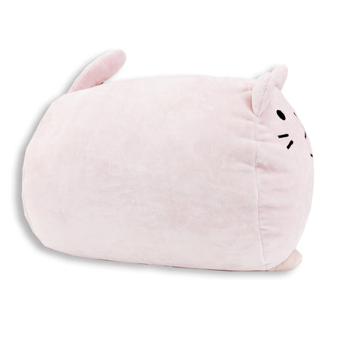 A pink Squishy Polyester Cat Snuggle Pillow featuring Pickles The Cat on a white background by Pillowtex.
