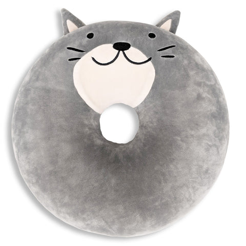 A Memory Foam Donut Cat Themed Pillow in grey with a cat face design for pain relief and memory foam comfort featuring Crunches The Cat by Pillowtex.