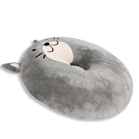 A Memory Foam Donut Cat Themed Pillow, Crunches The Cat, on a white surface.