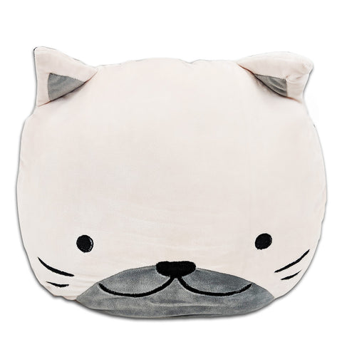 A Squishy Cat Face Pillow with Floppy Ears | Cornelius The Cat, perfect for incentivizing sleep in children.
