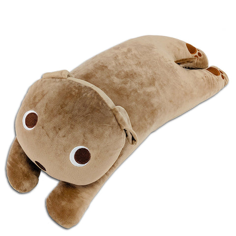 A brown Pillowtex Snuggle Pillow with Paws and Tail, perfect for children's gifts, lying down on a white surface.