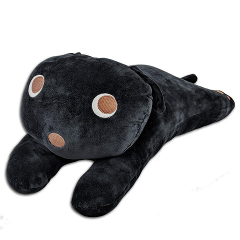 A black Snuggle Pillow with Paws and Tail, perfect for children's gifts, laying on a white surface with quality construction by Pillowtex.