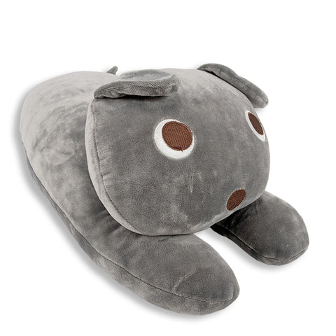 A grey Snuggle Pillow with Paws and Tail, perfect for children's gifts, laying on a white surface.