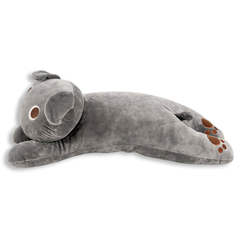 A grey Snuggle Pillow with Paws and Tail, perfect for children's gifts, lying down on a white background.
