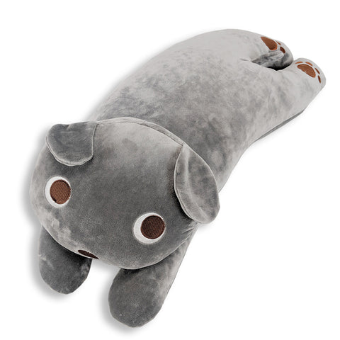 A Pillowtex Snuggle Pillow with Paws and Tail in gray rest on a white surface is perfect for incentivizing sleep or as a children's gift.