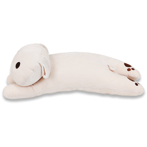 A white Snuggle Pillow with Paws and Tail, perfect for children's gifts, lying down on a white surface.