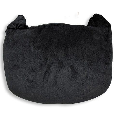 An adorable black bean bag chair featuring Pillowtex's Squishy Dog Face Pillow with Floppy Ears of Cooper The Dog on a white background.