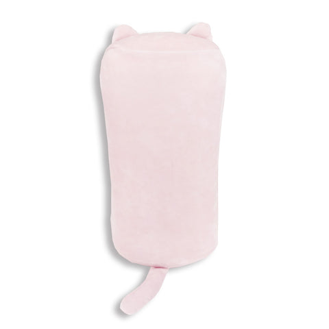 A pink Marshmallow The Cat shaped pillow made of memory foam resting on a white background.