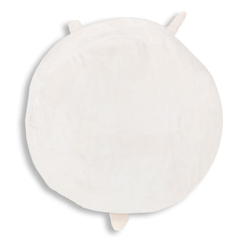 A white Squishy Bunny Face Pillow with Floppy Ears | Snowball the Bunny on a white surface.
