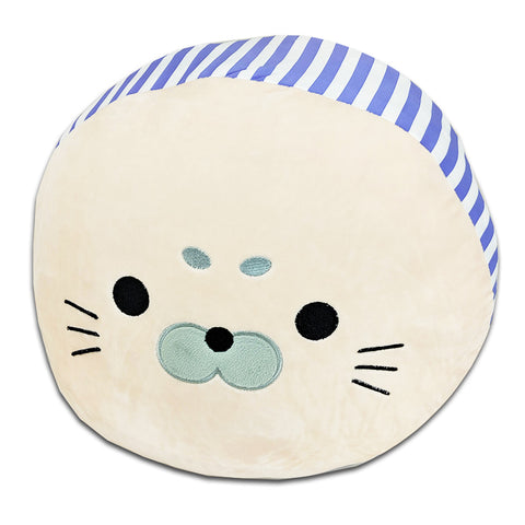 This Squishy Seal Face Pillow with Stripes | Sally The Seal is perfect for children's gifts with its white and blue stripes and quality construction.