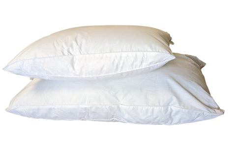 Two fluffy white Hollander Opulence Superside Gussetted Feather Chamber Pillows stacked on top of each other against a white background, with a visible zipper on the bottom pillow, suggesting removable covers for easy cleaning.