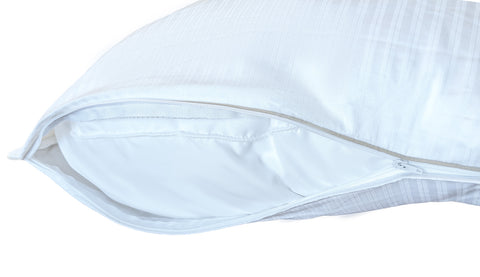 Close-up of a machine-washable, white striped Indulgence® Synthetic Down Pillow pillowcase with a zipper, partially open, showing the white liner inside, isolated on a white background.