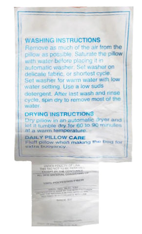 A durable JS Fiber UltraLoft Heavyweight Windowpane Pillow bag with washing instructions for maintaining support.