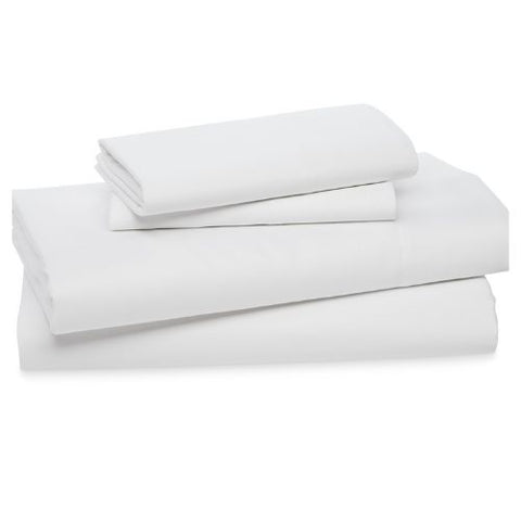 A neatly folded set of crisp white 300 thread count, Delilah Home Organic Cotton Sheet Set, including a flat sheet, fitted sheet, and pillowcases, displayed against a plain background, suggesting freshness and quality.