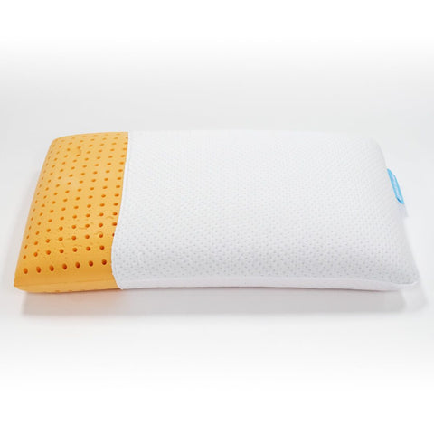 An orange Blu Sleep Vitality Memory Foam Pillow | Moisturizing from Blu Sleep on a white surface.