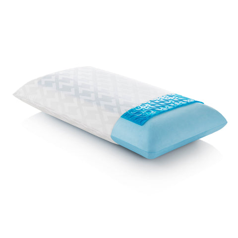 A Malouf Gel Dough + Z Gel hypoallergenic pillow for cool nights sleep, placed on a white surface.