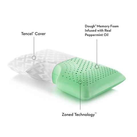 A Malouf Shoulder Zoned Dough + Peppermint pillow for side sleepers.