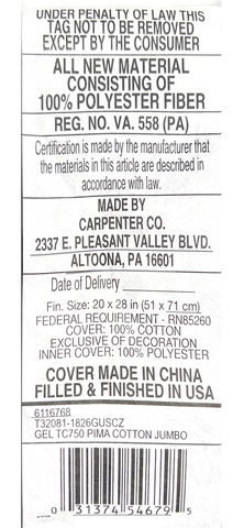 A care label providing legal information, content, and care instructions for a consumer textile product. It states the item is a Wamsutta Dream Zone Synthetic Down Pillow, Side Sleeper 100 by Carpenter.