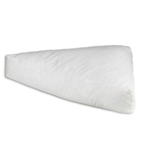 A Down Etc. Decorative Pillow Insert | Triangle filled with duck feathers on a white surface.