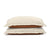 Two plush pillows with PureCare Cooling Bamboo pillow shams and brown piping are stacked on a plain white background, exuding simplicity and comfort.