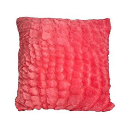 A soft pink faux fur Pillowtex Plush 18'x18' pillow with a plush cover on a white background.