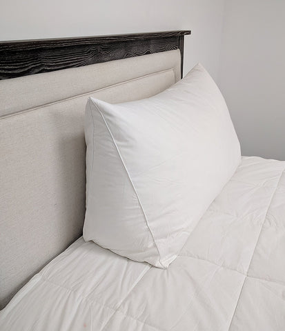 A white hypoallergenic Pillowtex Reading Wedge Bed Pillow on a bed with a headboard.