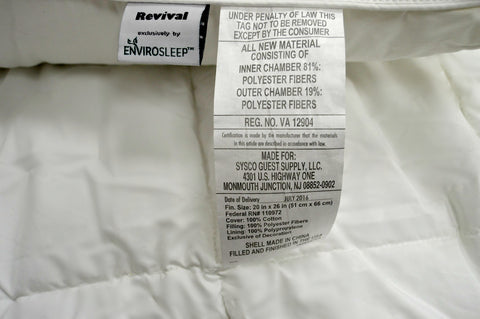 This white pillow features a label for Sysco Guest Supply's Revival Cluster and Micro Gel Fiber Pillow, designed to combat allergies.