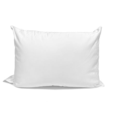 A pristine white standard-size, hypoallergenic Wamsutta Dream Zone Synthetic Down Pillow with a smooth finish and a visible care label on the bottom right, set against a pure white background, showcasing the potential for uncluttered sleep.