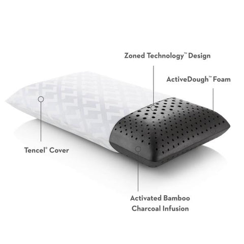 A Malouf Zoned ActiveDough™ + Bamboo Charcoal Pillow with a label on it, designed for those with allergies.